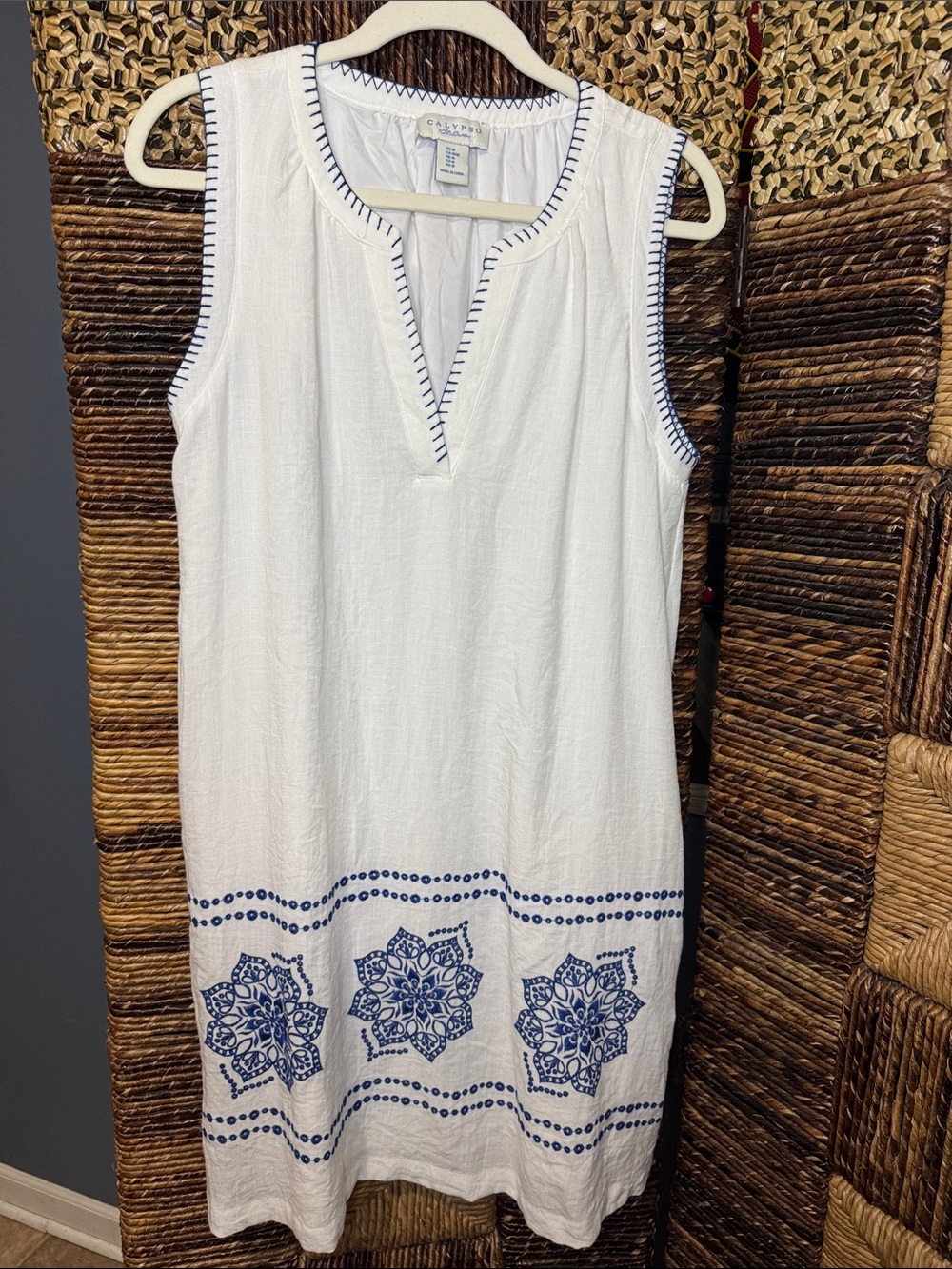 Calypso St. Barth White Sleeveless Embroidered Swim Cover-Up Dress - Blue Detail